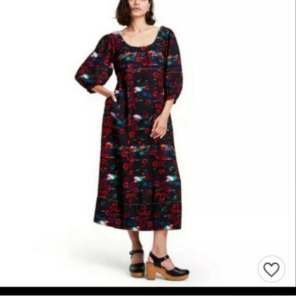 Rachel Comey Target Dark Moody Floral Print Puff Sleeve Midi Long Sleeve Dress - Picture 1 of 10
